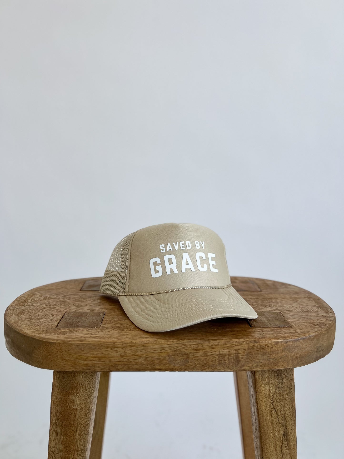 SAVED BY GRACE TRUCKER HAT // BEIGE