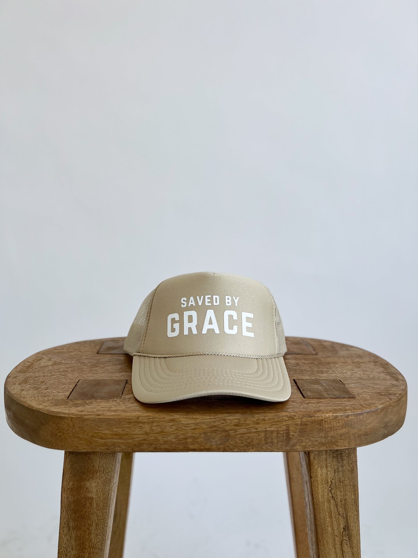 SAVED BY GRACE TRUCKER HAT // BEIGE