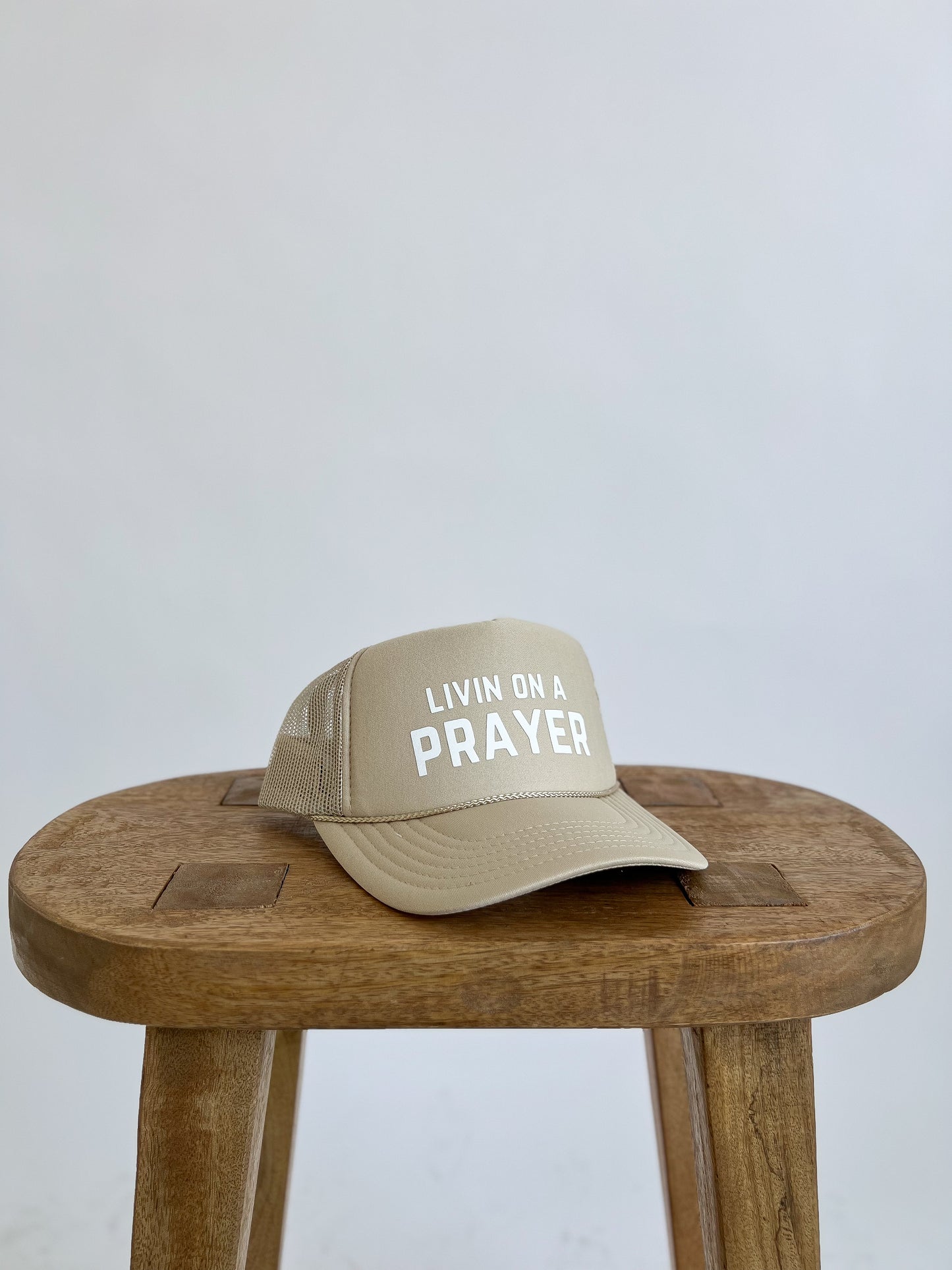 LIVIN ON A PRAYER TRUCKER HAT // BEIGE