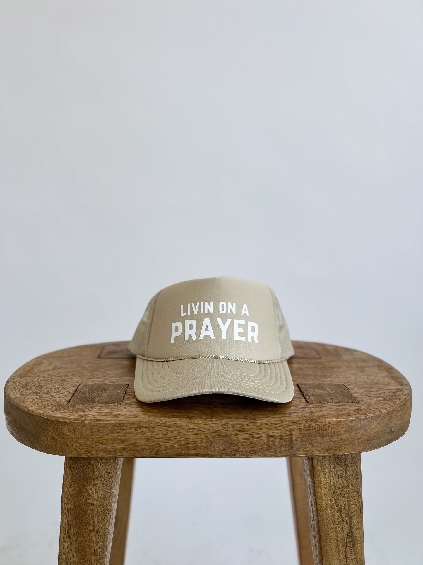 LIVIN ON A PRAYER TRUCKER HAT // BEIGE