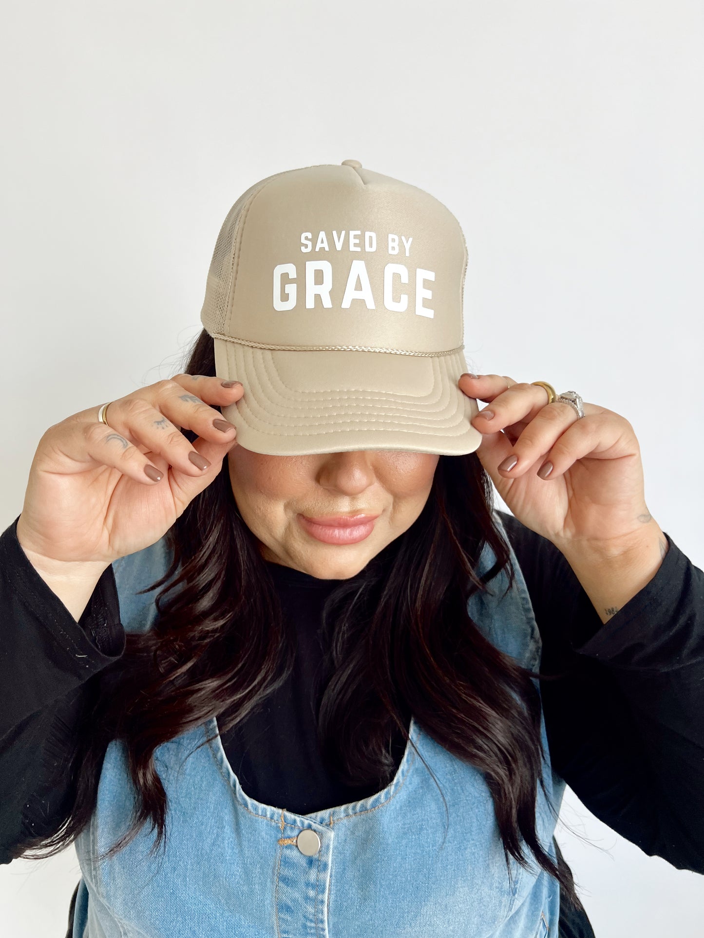 SAVED BY GRACE TRUCKER HAT // BEIGE