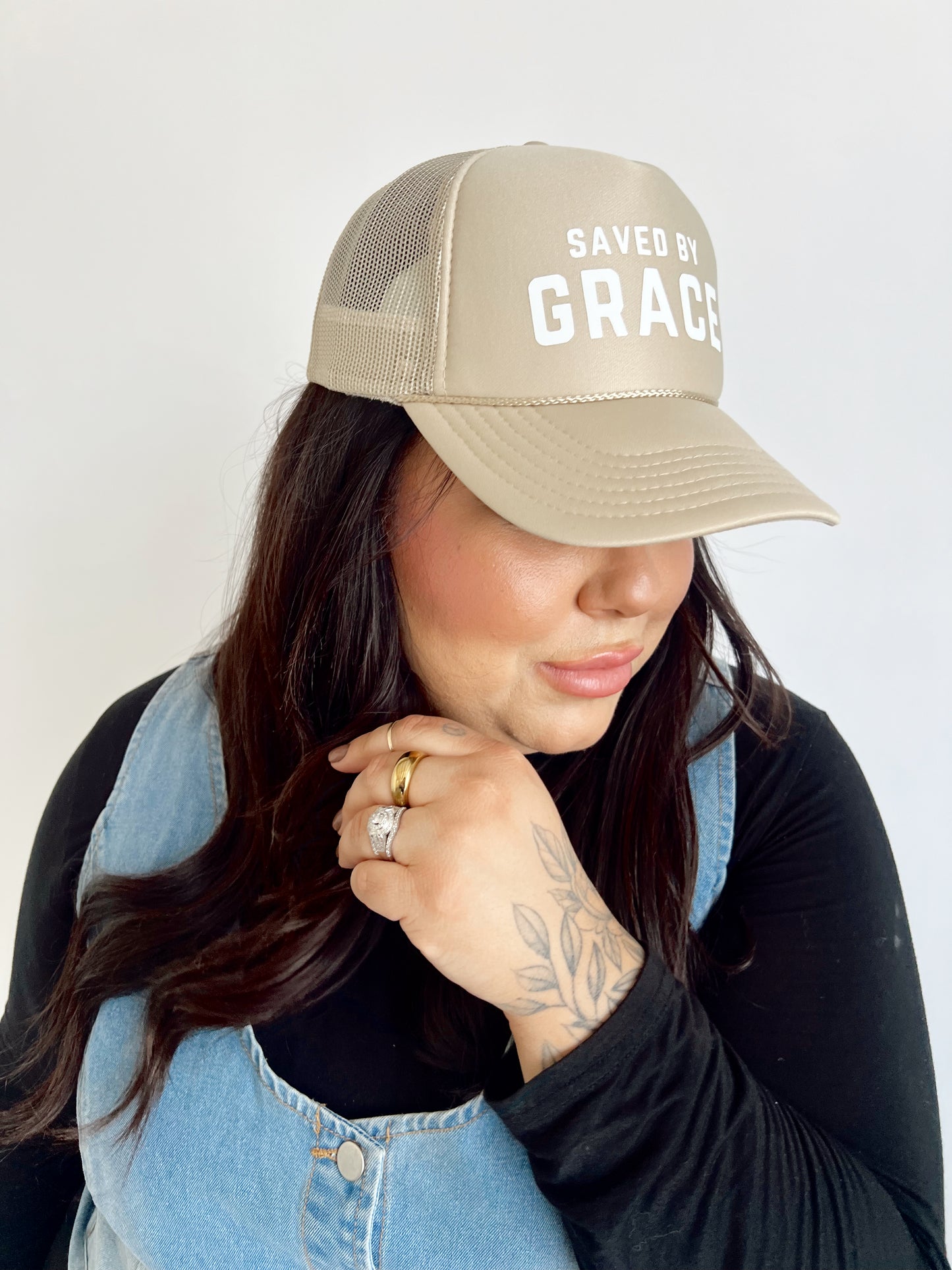 SAVED BY GRACE TRUCKER HAT // BEIGE